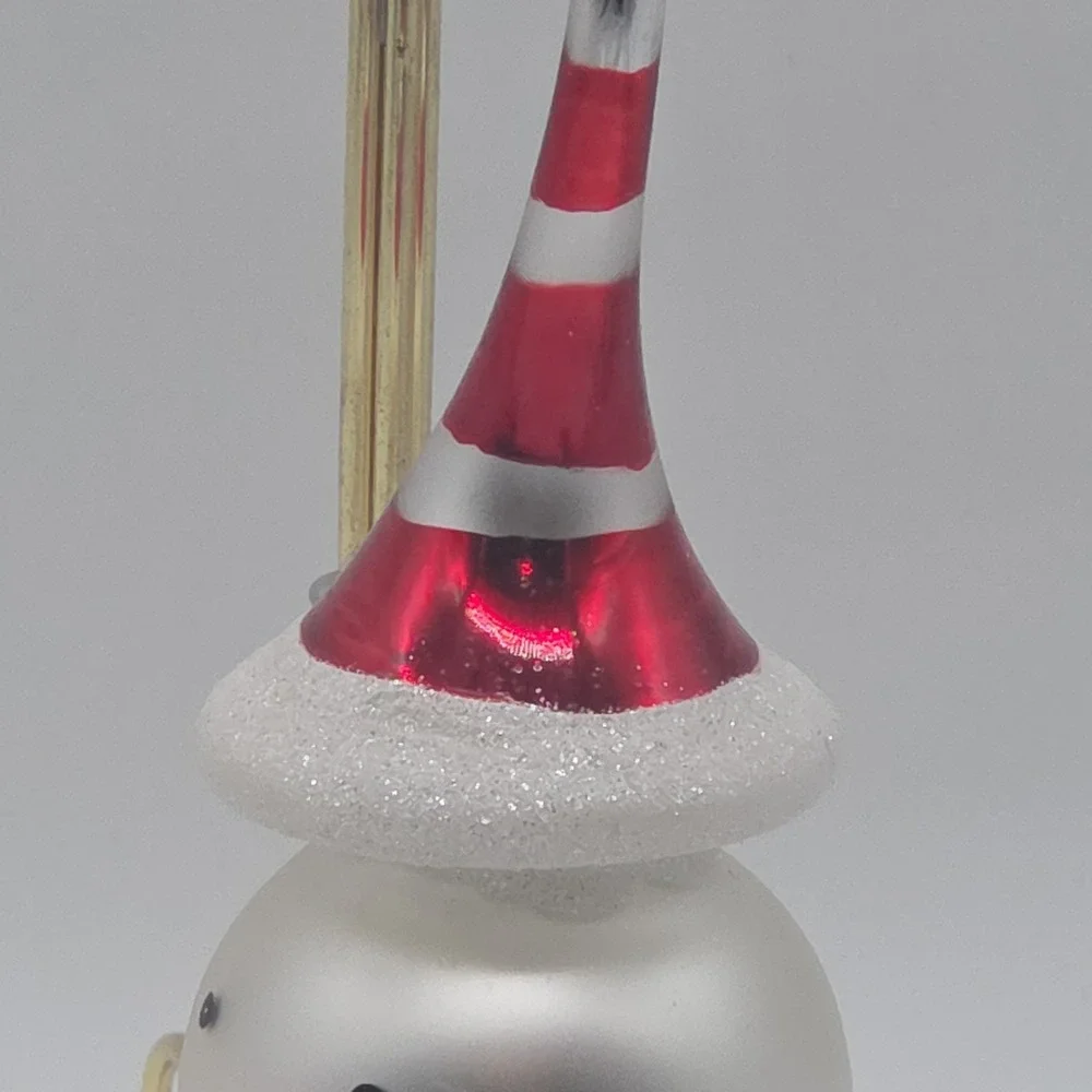 Whimsical Spiral Candy Cane Hat Red Swirl Hook Snowman Glass Ornament 6